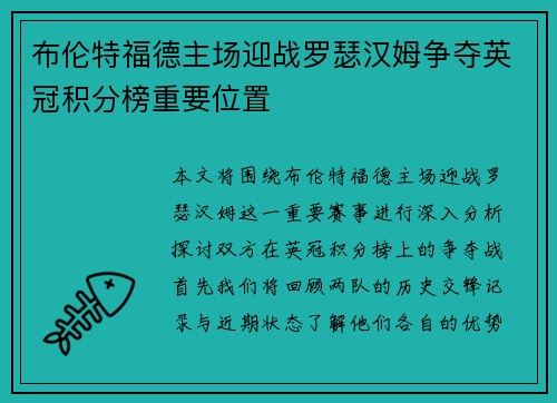 布伦特福德主场迎战罗瑟汉姆争夺英冠积分榜重要位置